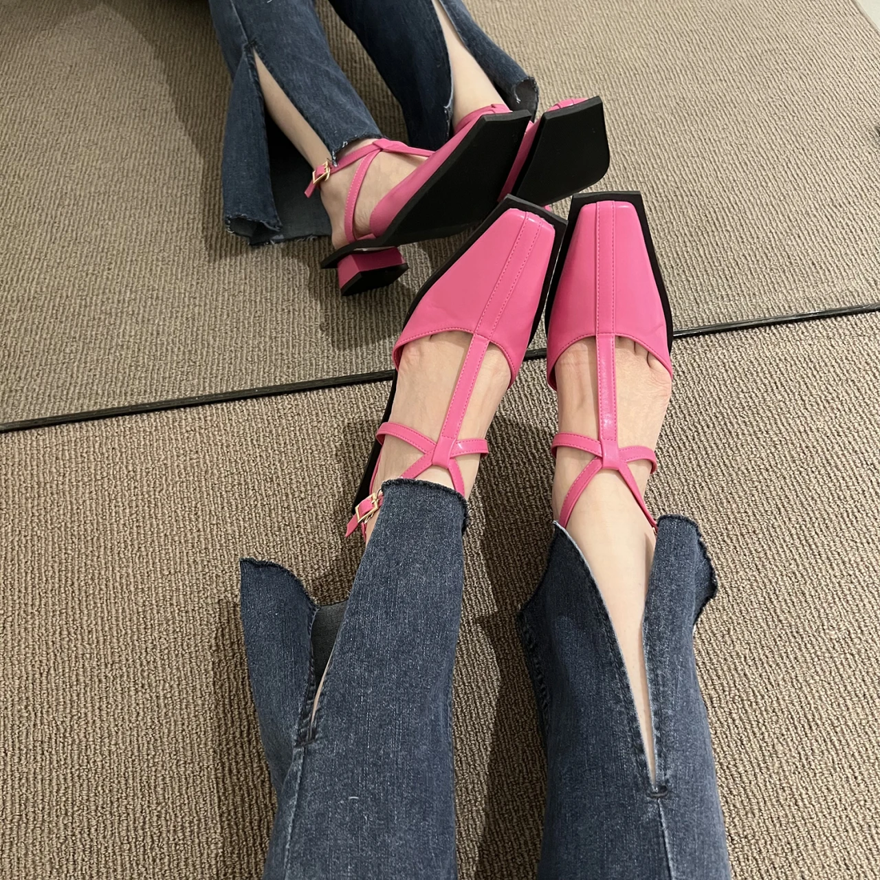 

Women Sandals 2022 New Fashion Square Toe Muller Low Heels Gladiator Sandals Cross Buckle Leather Summer Women Shoes