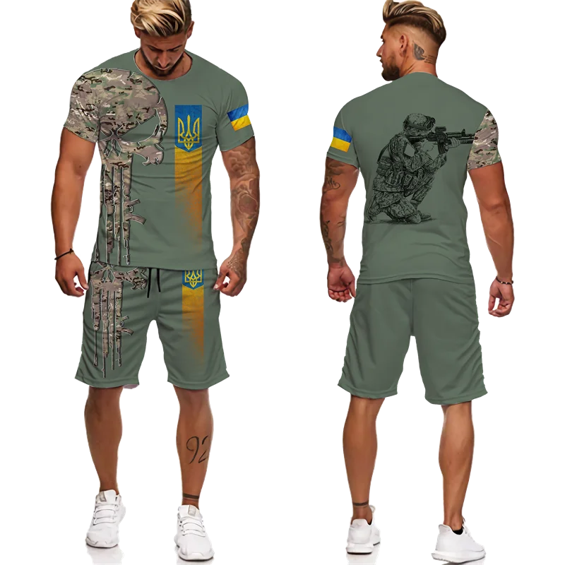 Men's Ukrainian Camouflage 3D Print T-Shirts/Suits Armed Forces Military Tees+Shorts Set Casual Short Sleeved Outdoor Sportswear