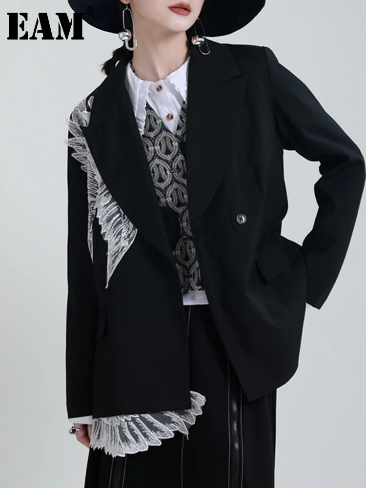 

[EAM] Women Black Ruffles Big Size Casual Blazer New Lapel Long Sleeve Loose Fit Jacket Fashion Tide Spring Autumn 2022 1DE4535