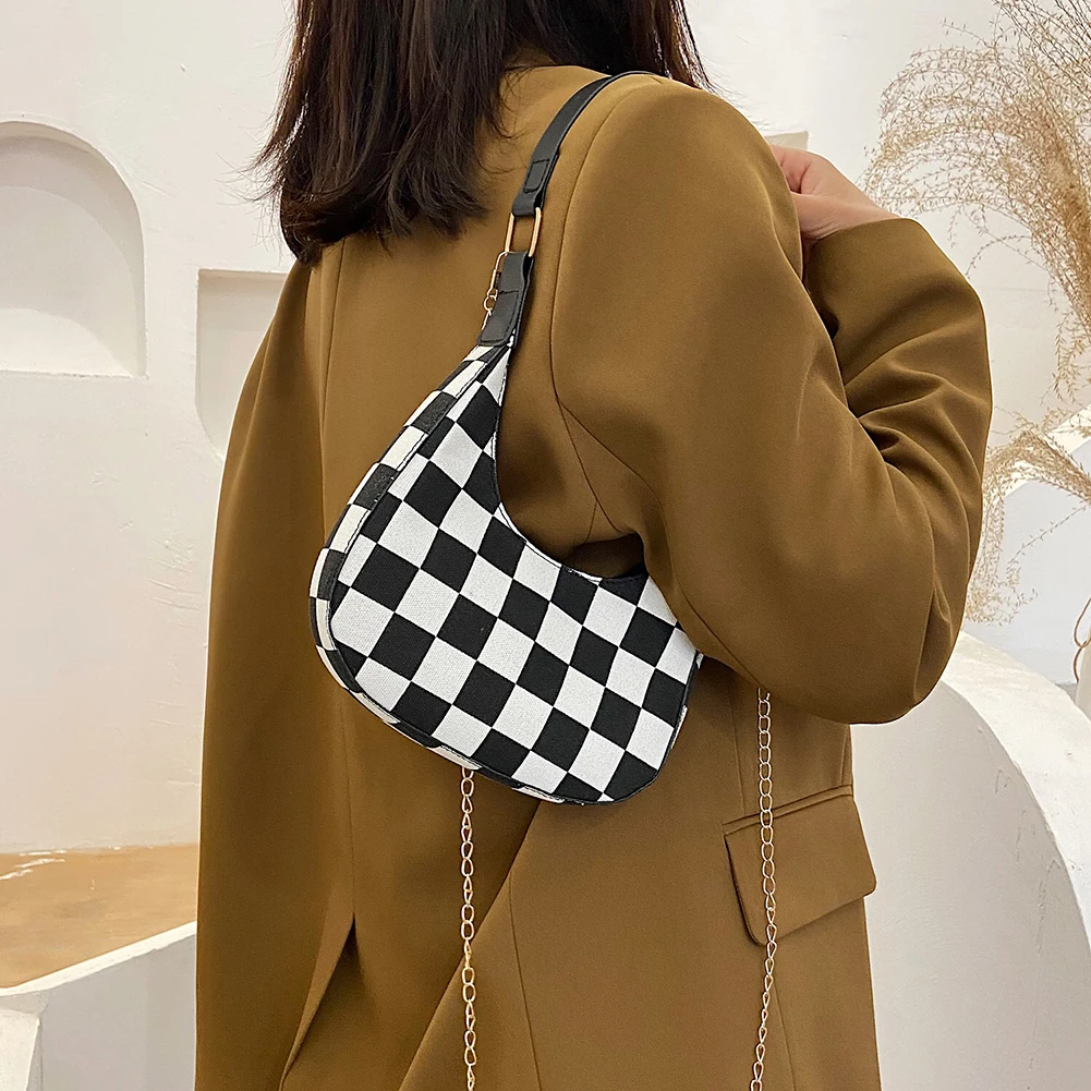 

Women PU Leather Zipper Chain Leopard Checkerboard Houndstooth Print Shoulder Bag Mini Casual Crescent Bag Travel Messenge