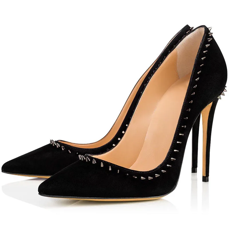 

spring summer dress shoes pointed toes rivets black ladies stiletto heel sexy women pumps party Banquet shoes Plus size 43 44 45