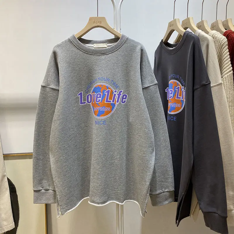

Long Sleeve Tshirt Women Vintage Harajuku grey pullover Sweatshirt Oversized vintage patchwork printed T shirt Long sleeve top