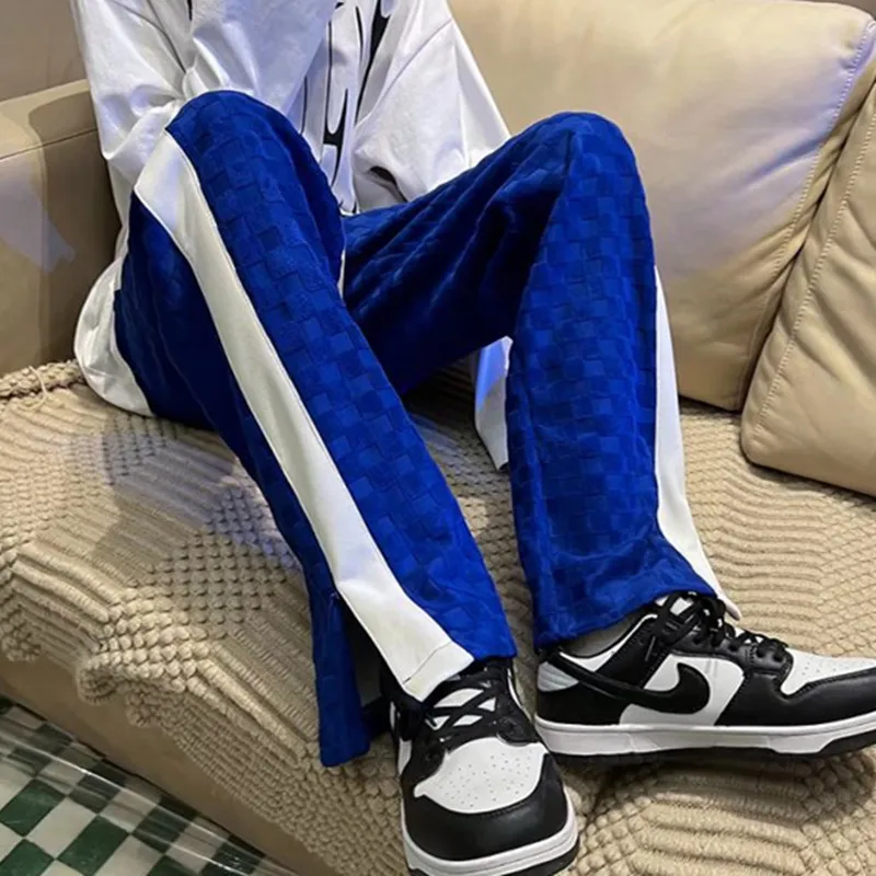 New Fashion Patchwork Klein Blue Men Casual Baggy Tracksuit Pants Joggers Waffle Lattice Drawstring Sweatpants Male Y2K Trousers images - 6