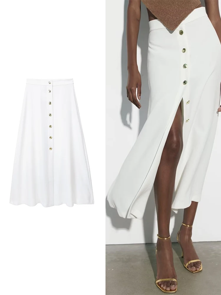 

Юбка трапециевидная женская с золотыми пуговицами, однотонная, из хлопка