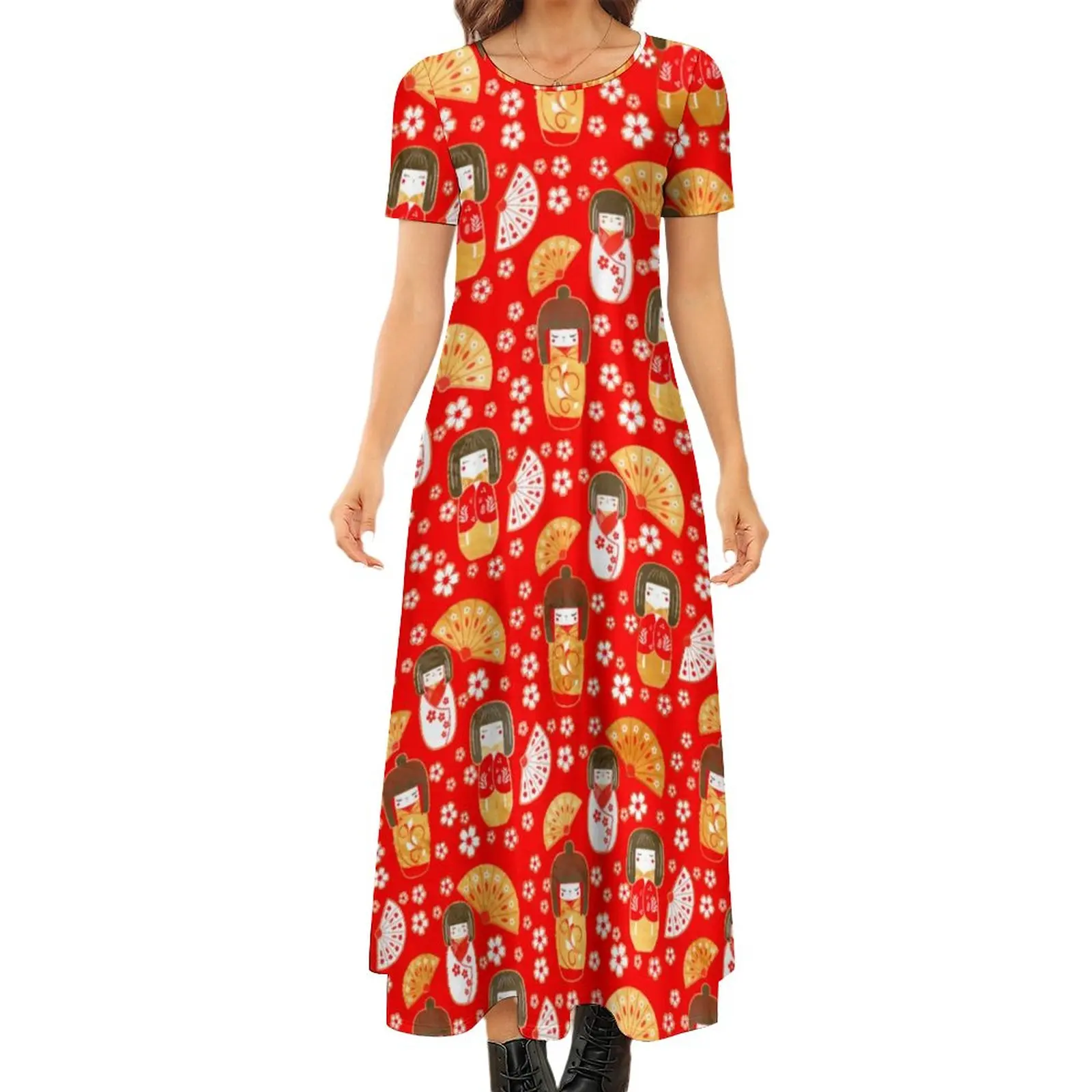 

Cute Japanese Anime Dress Dolls Kokeshi Pattern Aesthetic Bohemia Long Dresses Womens Cute Maxi Dress Birthday Gift