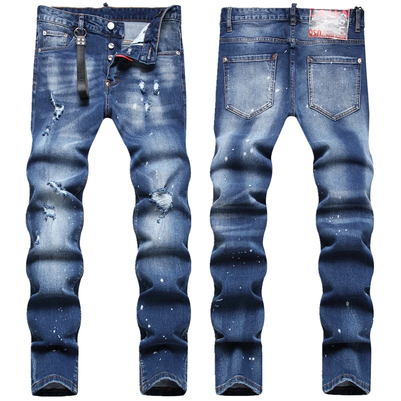 

big size 56 58 dsq2 Men's slim casual fashion wear hole jeans high street pants DSQ2 COOLGUY JEANS blue color for husband dsq037