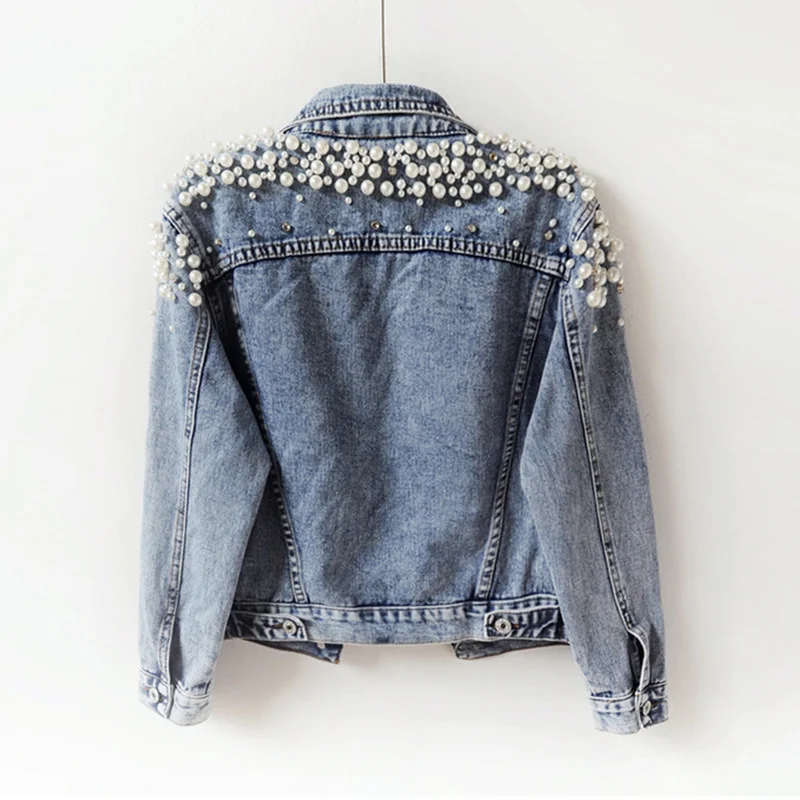 Женская джинсовая куртка весна-осень 2023 базовое пальто с жемчугом женские