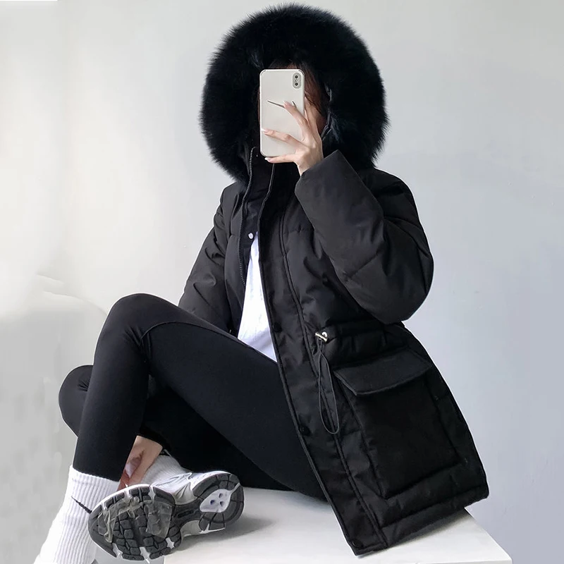 Женская парка с большим меховым воротником теплая Толстая на хлопковом