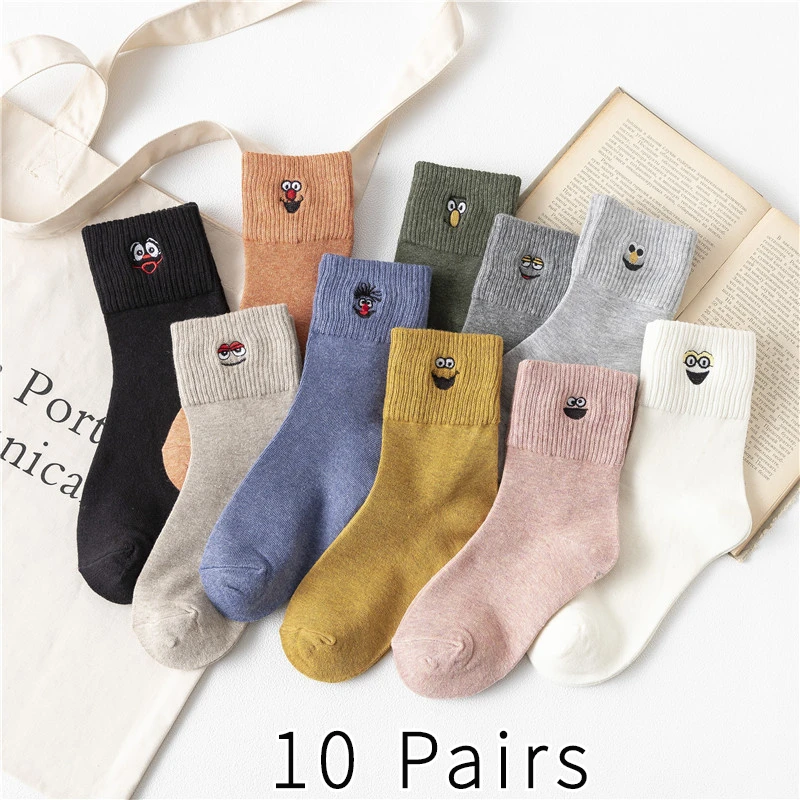 10 Pairs/Pack Women Cartoon Socks Cute Freak Hippie Expression Cotton Long Socks Happy Skateboard Socks