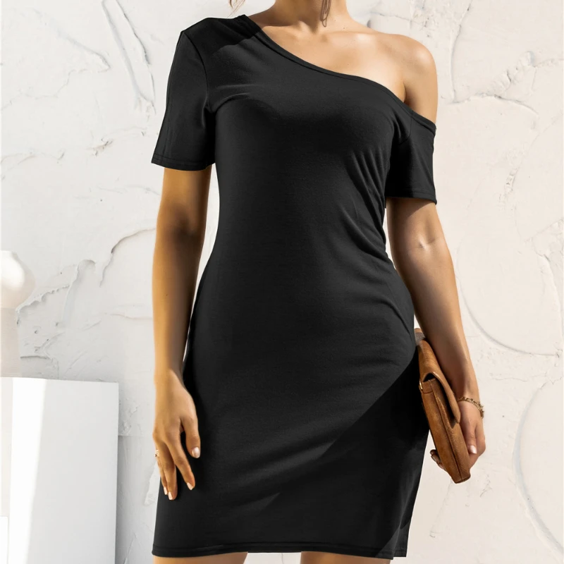 

2022 Summer Women Off Shoulder Short Pocket Dress Solid Color Short Sleeve Slim Dress Women Beach Party Date Sexy Dress