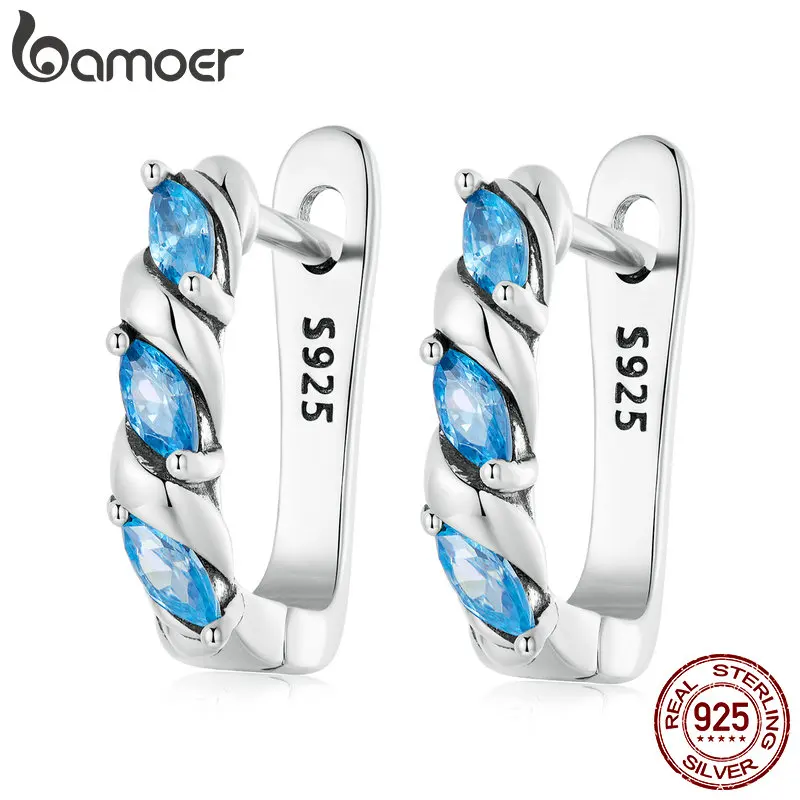 

Bamoer, серебро 925 пробы, женские изящные пряжки для ушей, изысканные ювелирные украшения, роскошные u-образные серьги с синим камнем, свадебный ...