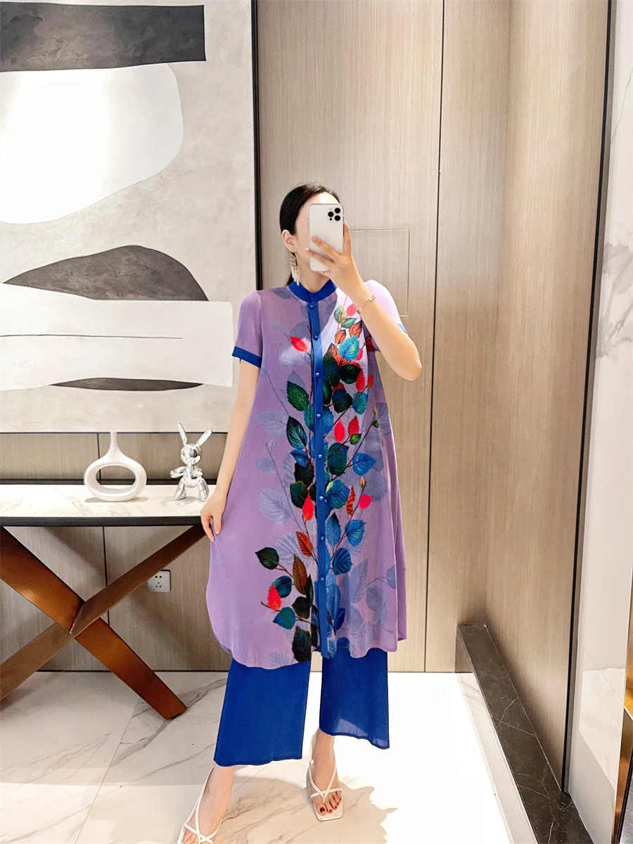 

Miyake pleated summer new women's leaf print loose large size comfortable ethnic style new Chinese suit