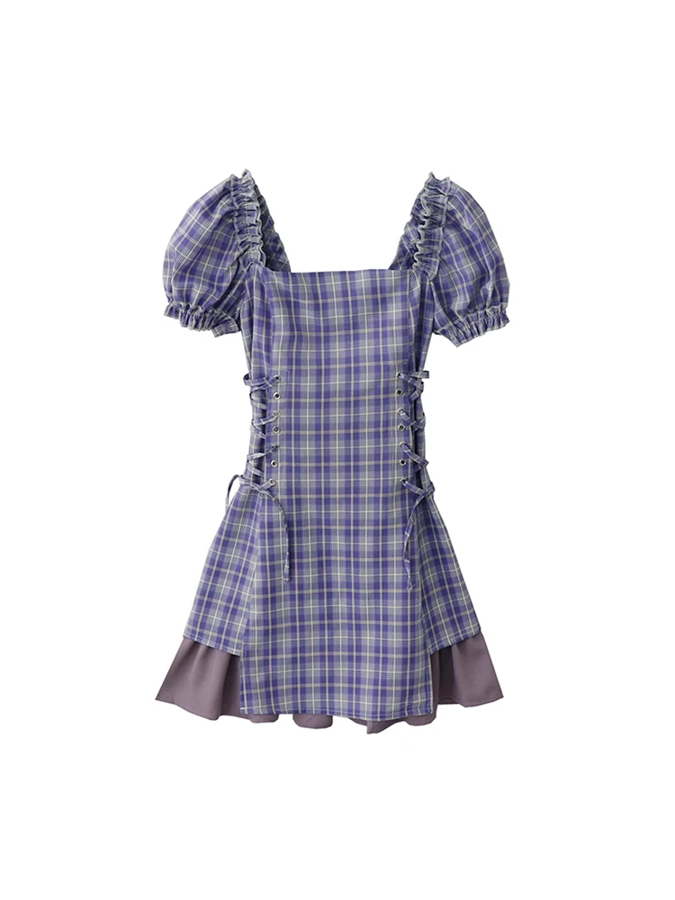 

Женское клетчатое мини-платье, классическое винтажное платье в стиле ретро, с квадратным вырезом, пышными рукавами и завязками, в стиле пэчворк