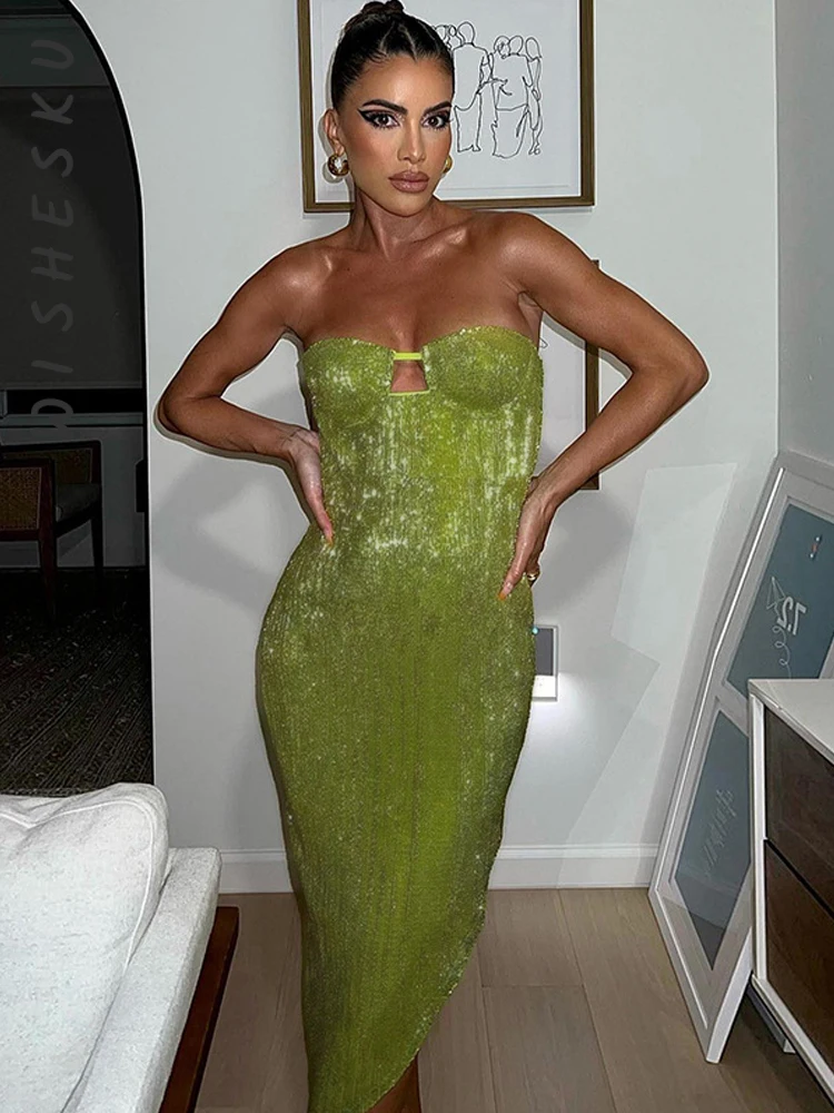 

Sexy Strapless Cut Out Corset Midi Dress Women Solid Backless Slim Party Vestidos 2022 Spring Fall Night Prom Outfits