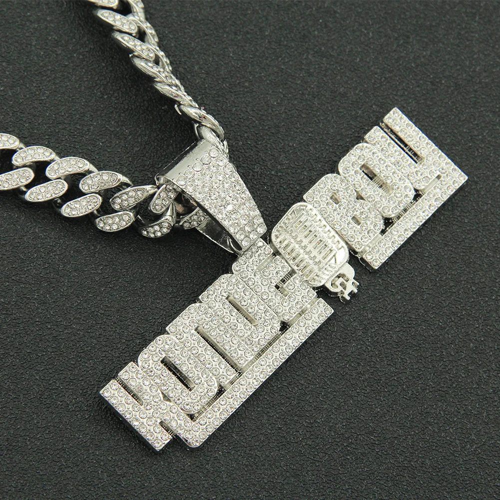

Iced Out Cuban Chains Bling Diamond Letter KONDE BOY Rhinestone Pendants Mens Necklaces Gold Chain Charm Hip Hop Jewelry for Men