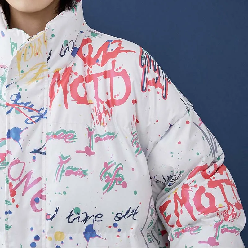 Colorful Letter Graffiti Puffer Jacket for Women Korean Fashion Trends Couples Clothing Teenage Oversized Winter Coat Streetwear