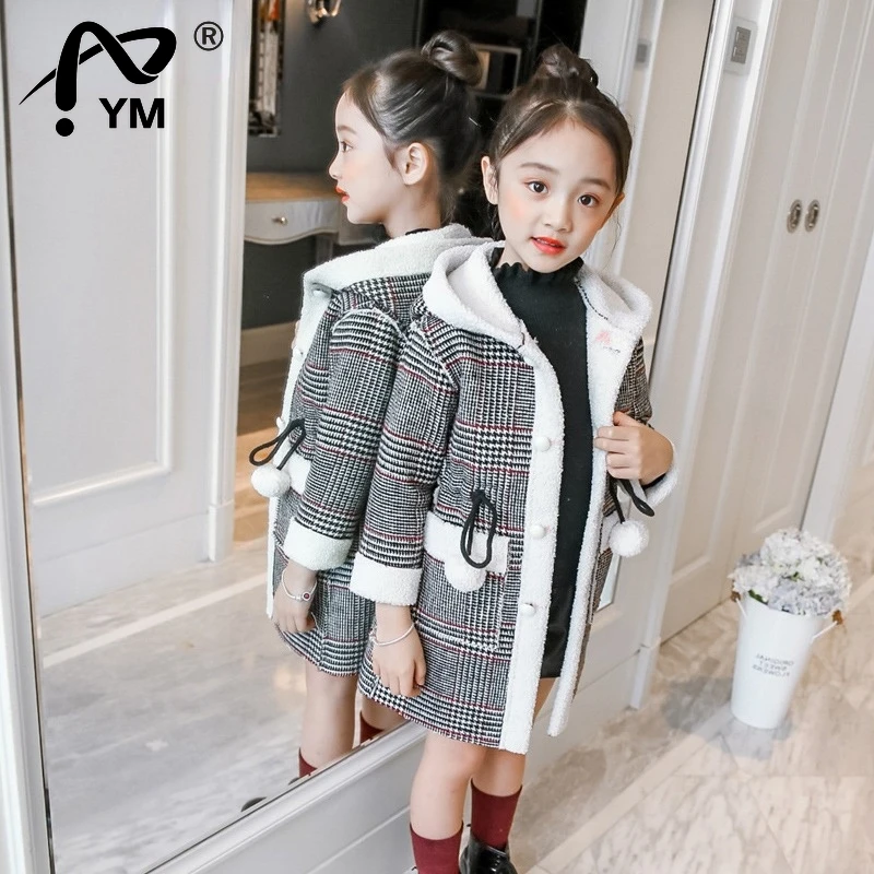 

New 2022 Fashion Design Autumn Winter parka Girl Hairy clothes Long Woolen Coat for Kids Outerwear Grid pattern Padded Warm clot