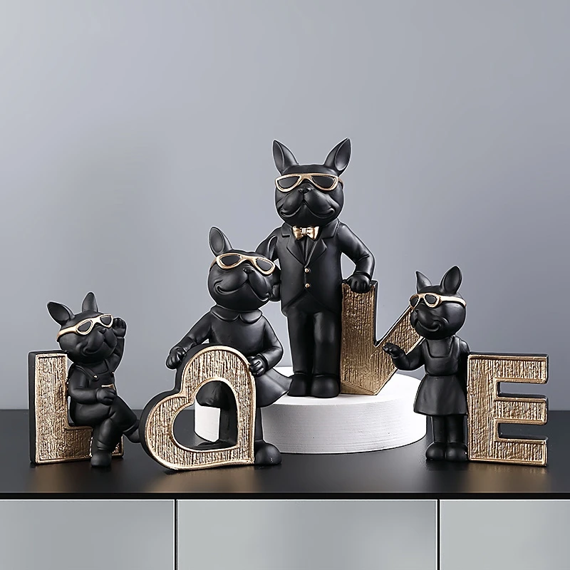 

4 Pcs Animal Love French Bulldog Figurines Decoration Dog Sculpture Home Living Room Decor Bulldog Statue Table Decor