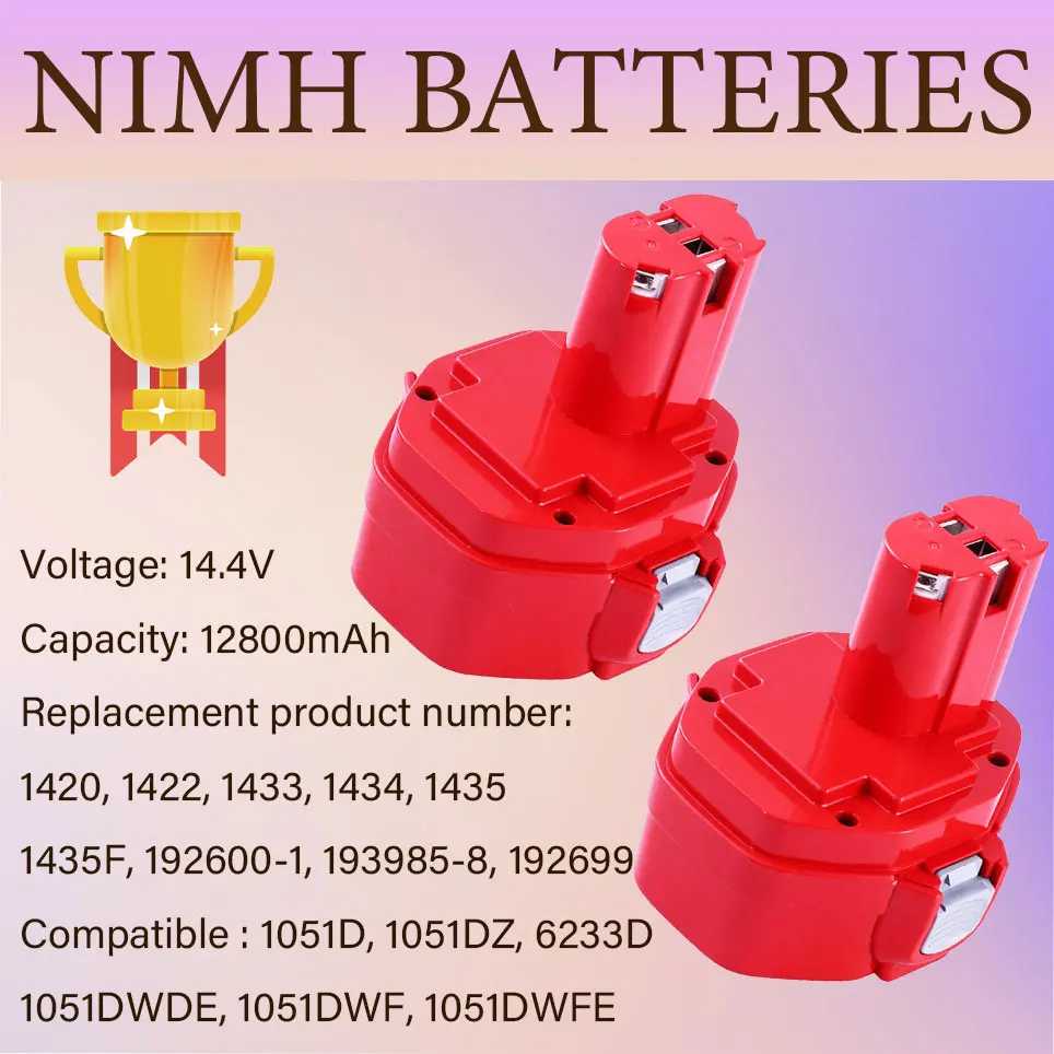 

2022 12800mAh 14.4V Replacement Compatible Makita Battery Ni-Mh 6228D 1435 1435F 192600-1 6233DWBE 6236DWBE Cordless Power Tools