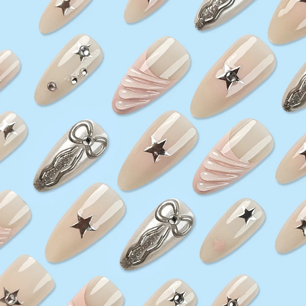 24 шт. розовые французские накладные ногти длинные миндалевидные стразы звезда Y2k