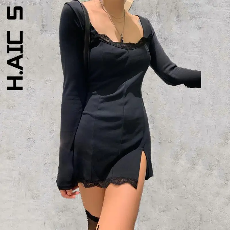 

H.Aic S Fashion Women Dress Soft Robe Cotton Fashion Side Split Autumn Dress Mini Chic Leisure Dress Woman Vestidos Female