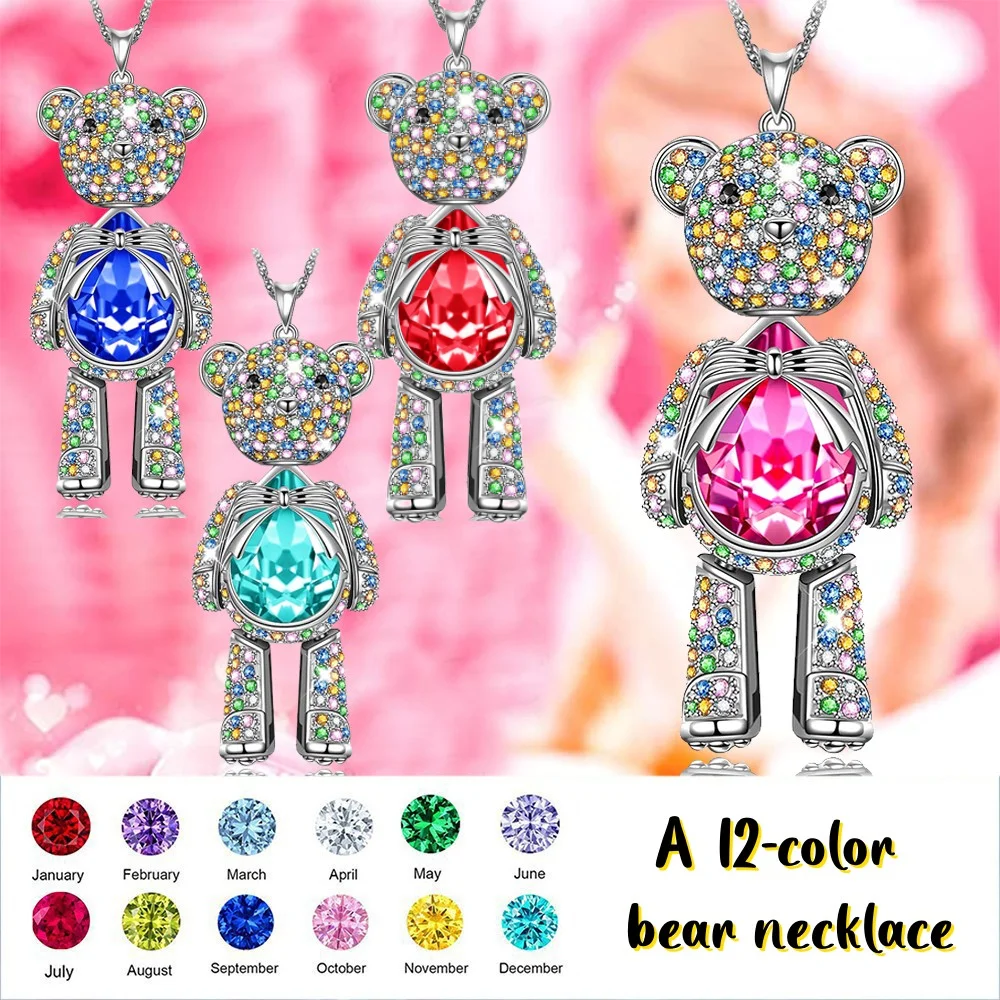 

Teddy Bear Necklace Birthday Stone Pendant Multicolor Optional Mother's Day Gift for Girls, Wives and Grandmothers