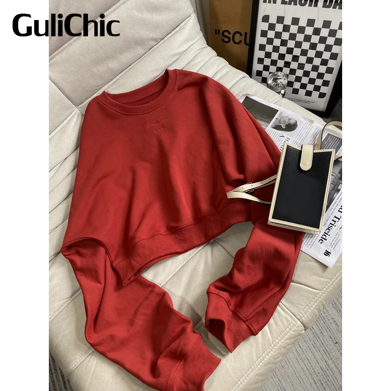 9.5 GuliChic Women Basic Back Print Letter Embroidery Round Neck Long Sleeve Loose Short Pullover Sweatshirt