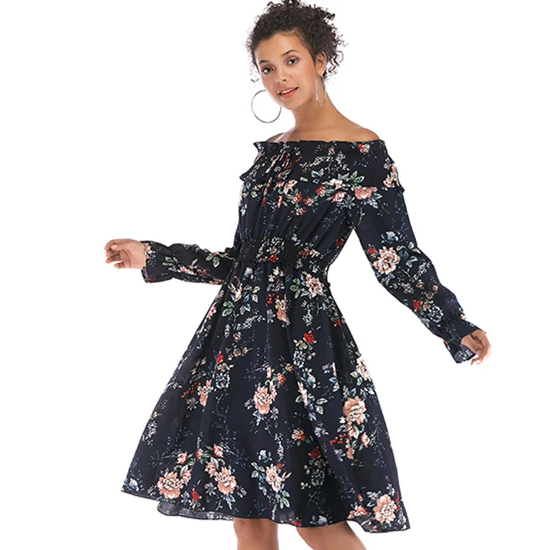 

[JENNER] Summer new fashion trumpet floral one-shoulder wrap chest long-sleeved dress women's light and breathable