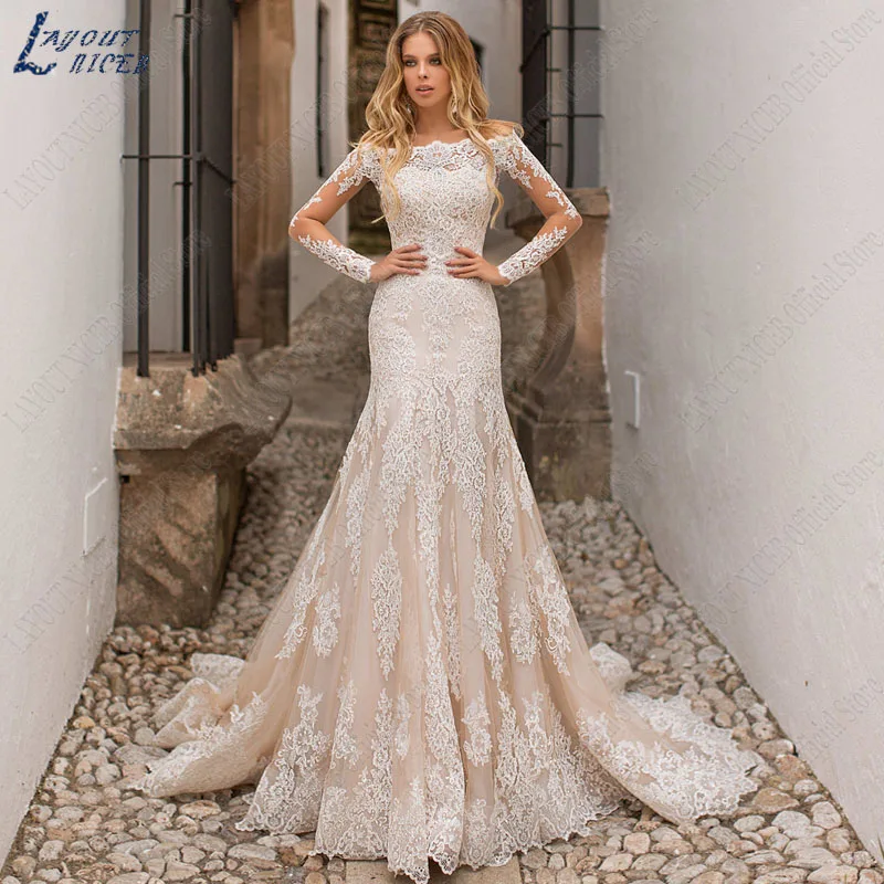 

LAYOUT NICEB Lace Mermaid Wedding Dress Appliques Long Sleeve Vestidos De Noiva Mariage Champagne Princess Boat Neck Bridal Gown