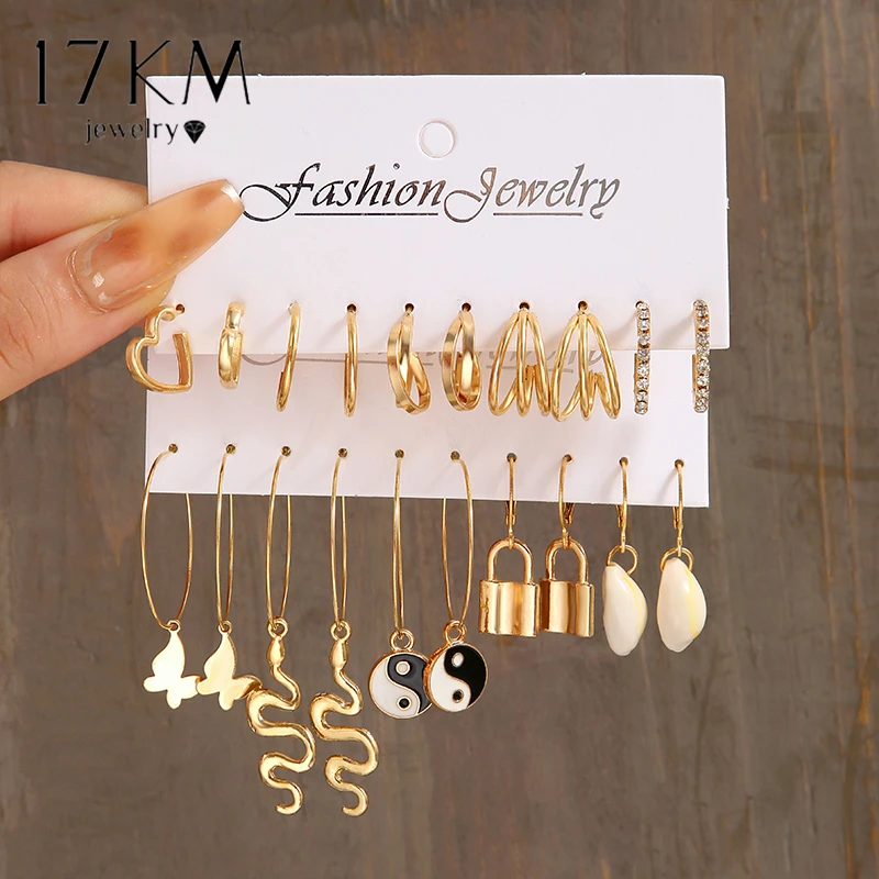

17 км 24 шт./компл. винтажные серьги золотого цвета набор для женщин Богемия Huggies змеиное сердце твист ракушки серьги модные модные украшения