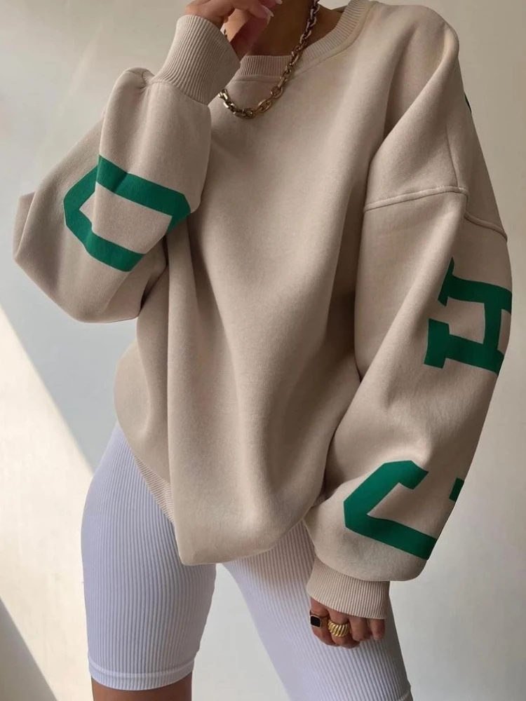 

Sweatshirt Women Clothing Letter Print Loose Long Sleeve Top O Neck Thicken Fashion Casual Sweatshirts Autumn Winter Pullover