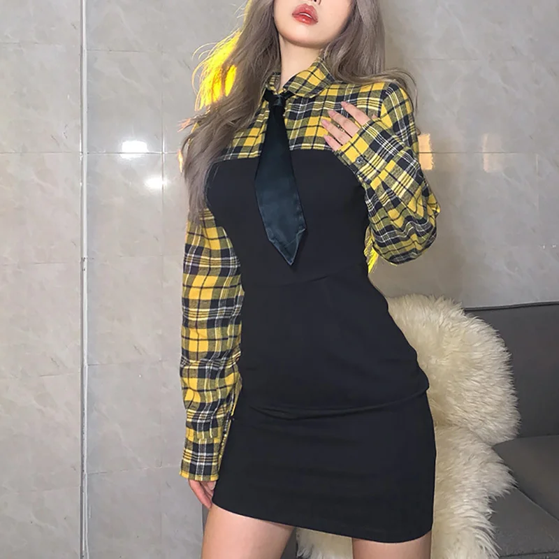 

Ins Style Women's Dress Preppy Style New College Polo Collar Plaid Stitching Contrast Color Slim Fit Hip Wrap Dress for Female