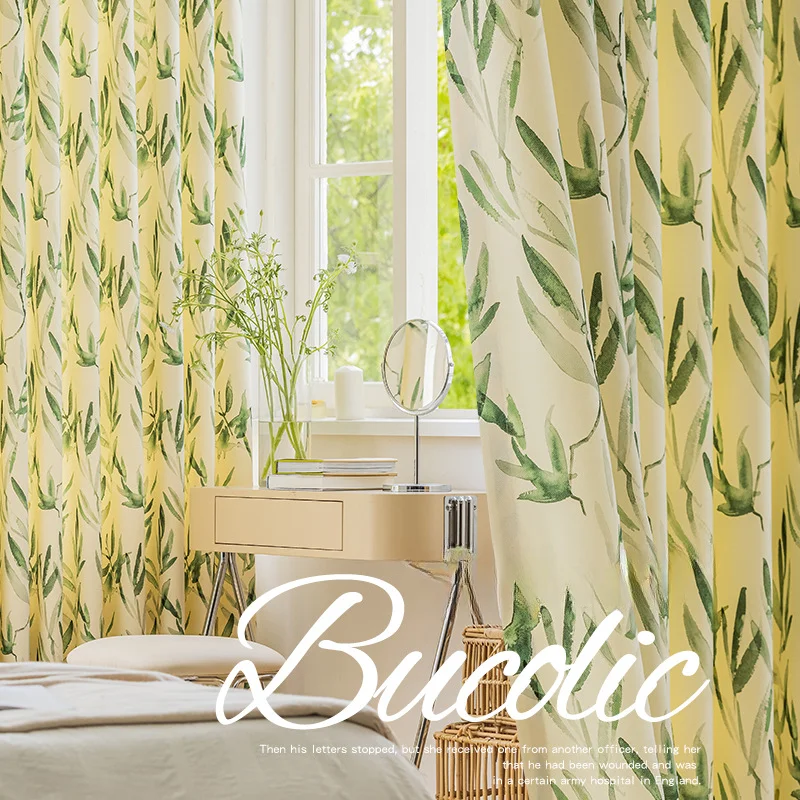 

Modern Minimalist Rural Pastoral Style Curtains for Living Room Bedroom Luxury Cotton and Linen Curtain with Green Leaf Printing