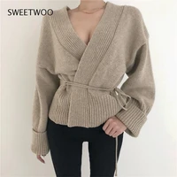 autumn chic all match open stitch lace up cute sexy regular high street v neck loose cardigans casual knitted sweaters tide chic