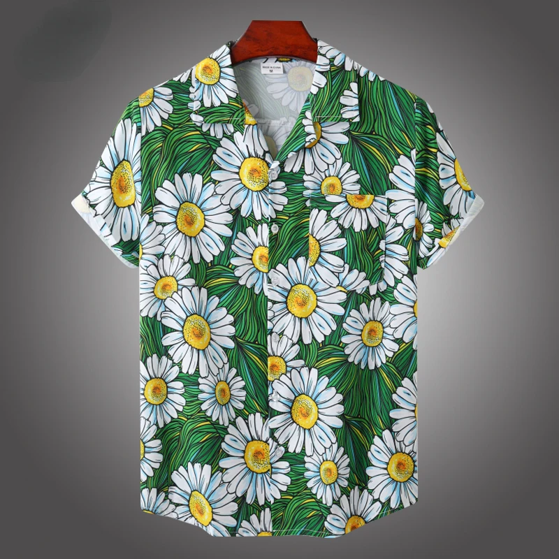 

Daisy Print Hawaiian Aloha Shirt Men Casual One Button Short Sleeve Wild Men's Beach Shirts Summer Holiday Party Vacation Blouse