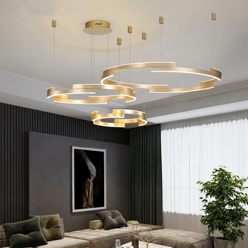 

Pendant Lights Led Art Chandelier Lamp Modern Living Room Bedroom Gold Round Rings Brief Home Decor Kitchen Fixtures Projects