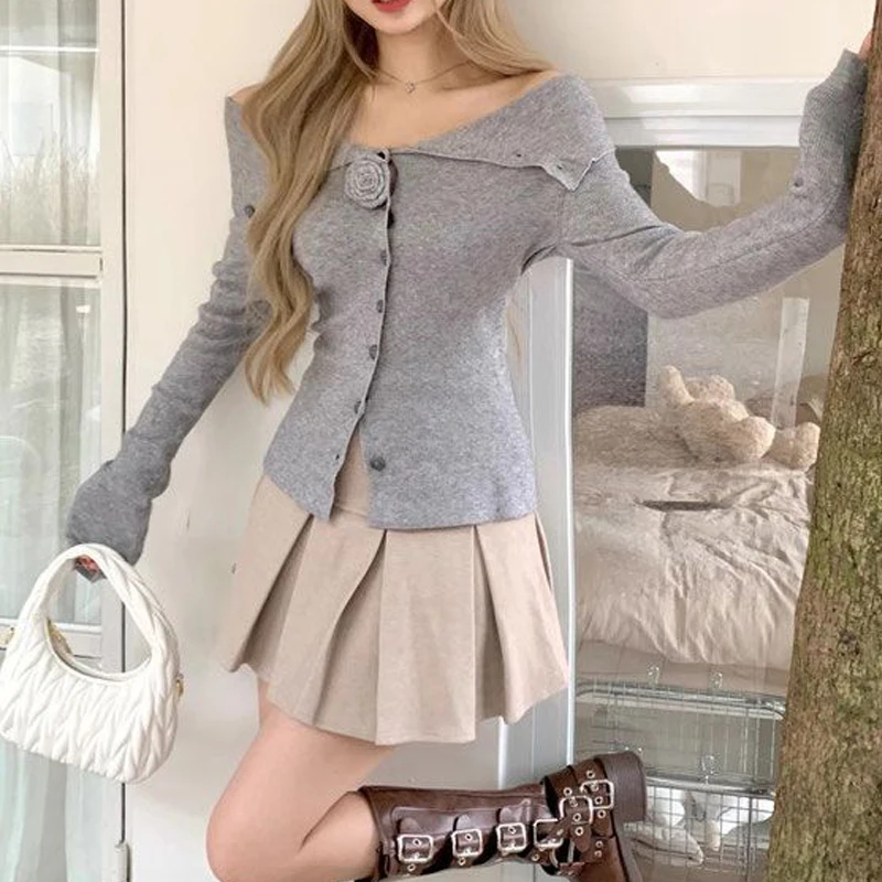 Женская одежда сексуальный вязаный кардиган с открытыми плечами и 3D цветком