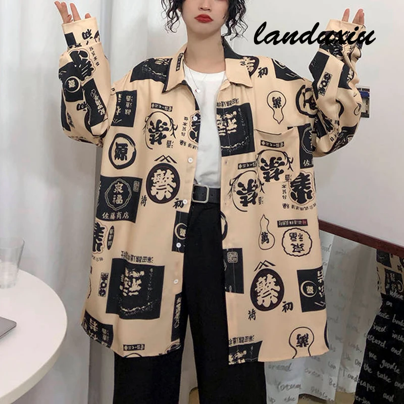 

2022 Harajuku Blouse Couple Shirt Women Men Clothing Blouses Long Shirts Spring Autumn Turn-down Collar Casual Top landuxiu