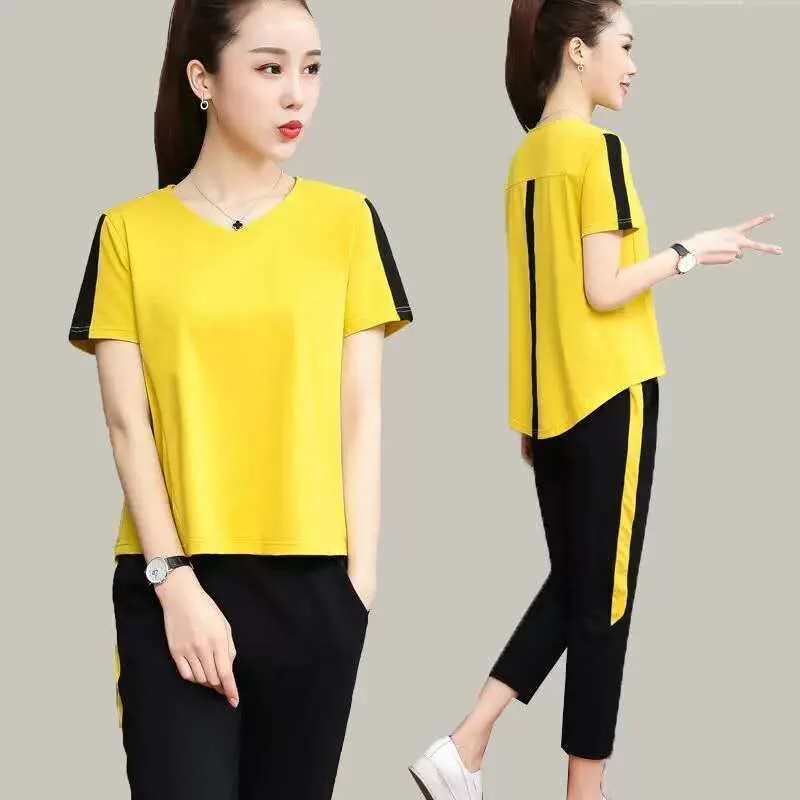 Female Leisure Sports Running Suit Women'S Summer 2023 New Fashion Trend Loose 100KG Mom Short Sleeve Capris Two Piece Set images - 6