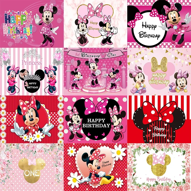 

Disney Custom Background Party Backdrops Pink Minnie Mouse Birthday Decorations Children's Decoration Photozone Wall Backdrops