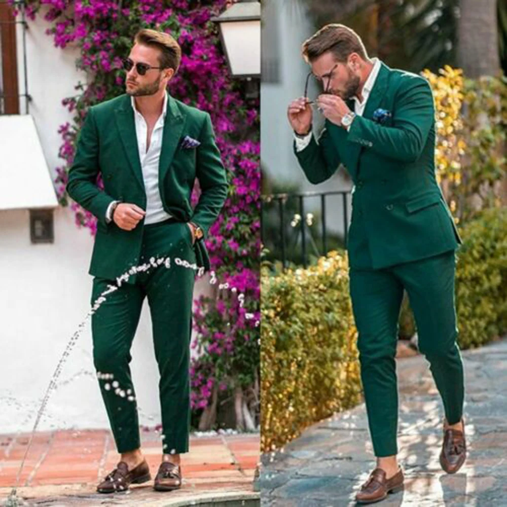 

Men's Green Suits Double Breasted Groom Wedding Wear Tuxedos Peak Lapel Formal Prom Suits Set 2 Pieces (Blazer+Pants)
