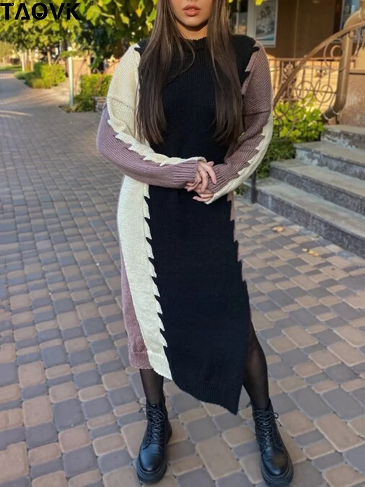 

Женское трикотажное платье до середины икры TAOVK, контрастное вязаное платье с круглым вырезом и длинными рукавами, модное платье с Боковым Разрезом на осень и зиму