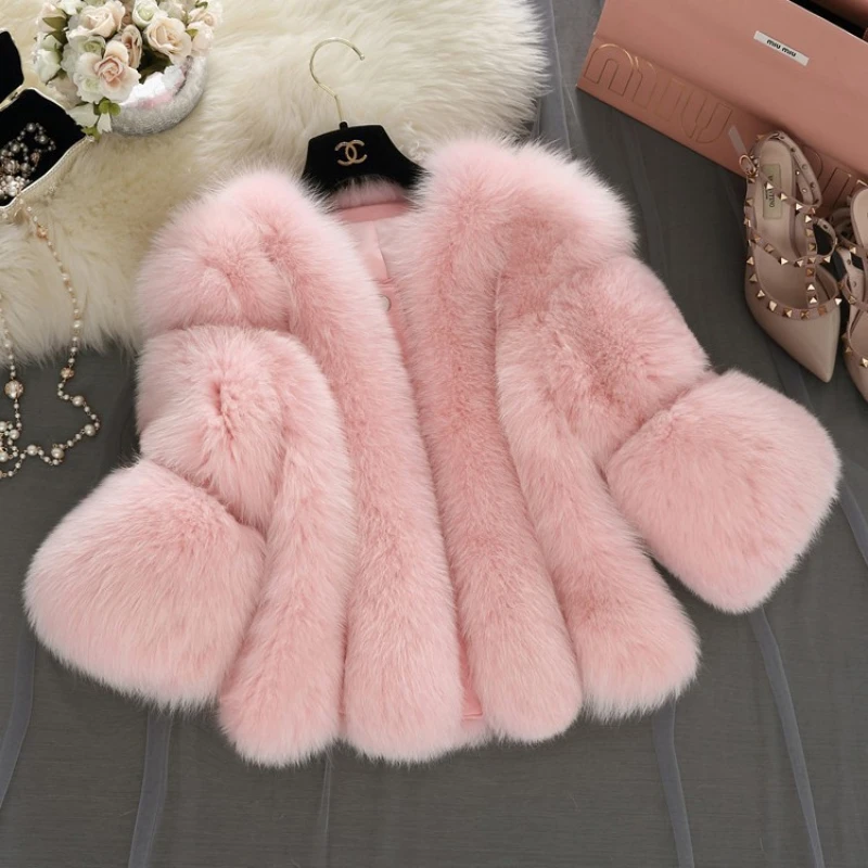 Winter New Fashion Brand Fake Fox Fur Coat Women Thermal Jacket Stitching Thick Faux Fur Women Coat Short Coat