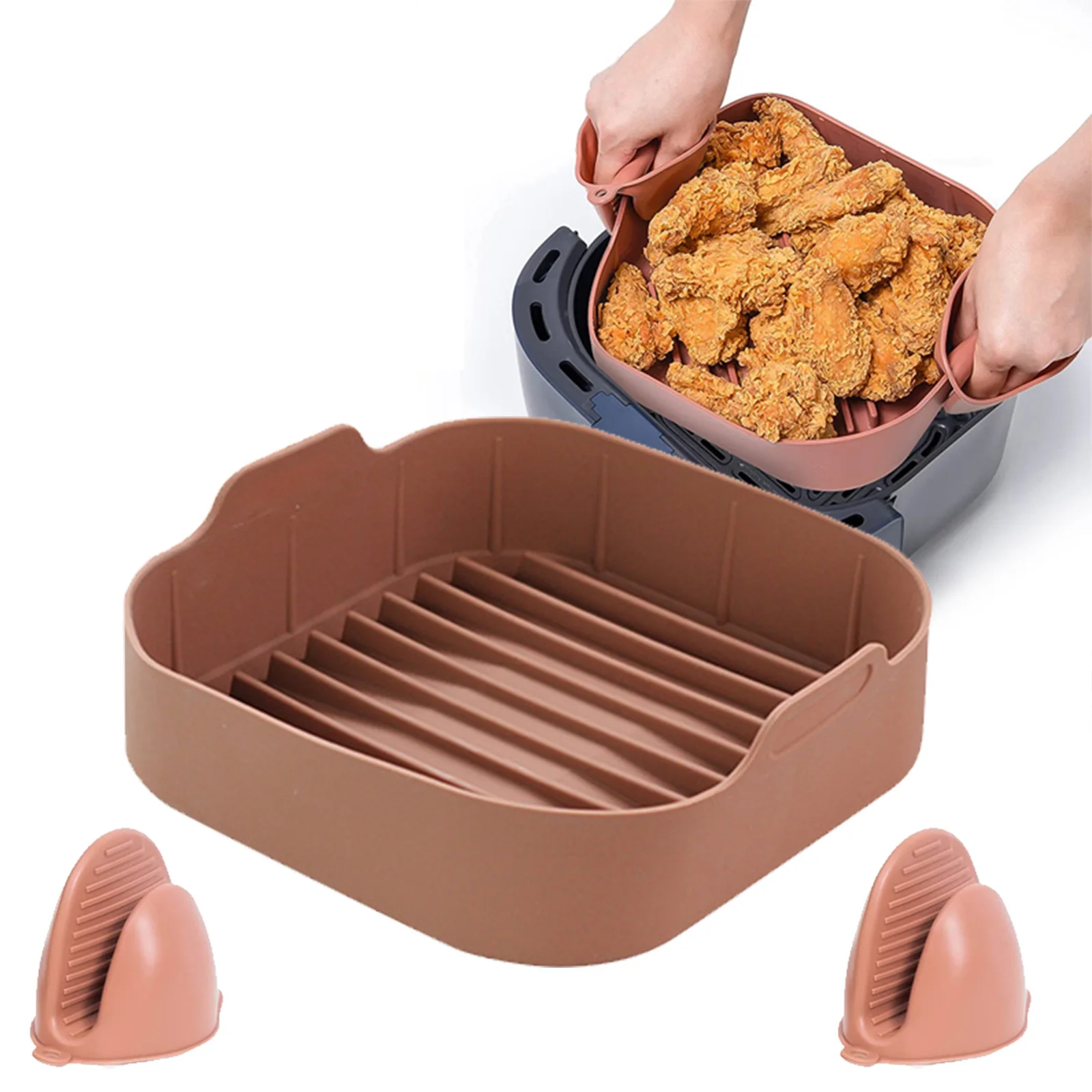 

Air Fryer Accessorie Square Silicone Pot With Hand Clip Set Barbecue Basket Grill Pan Microwave Bakeware Non Stick Baking Basket