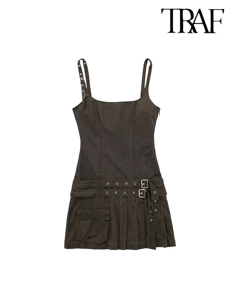 

TRAF Pleated Slip Dress Women Waxed Backless Short Dresses for Women Belt Buckle Summer Dress Women 2023 Beach Mini Female Dress