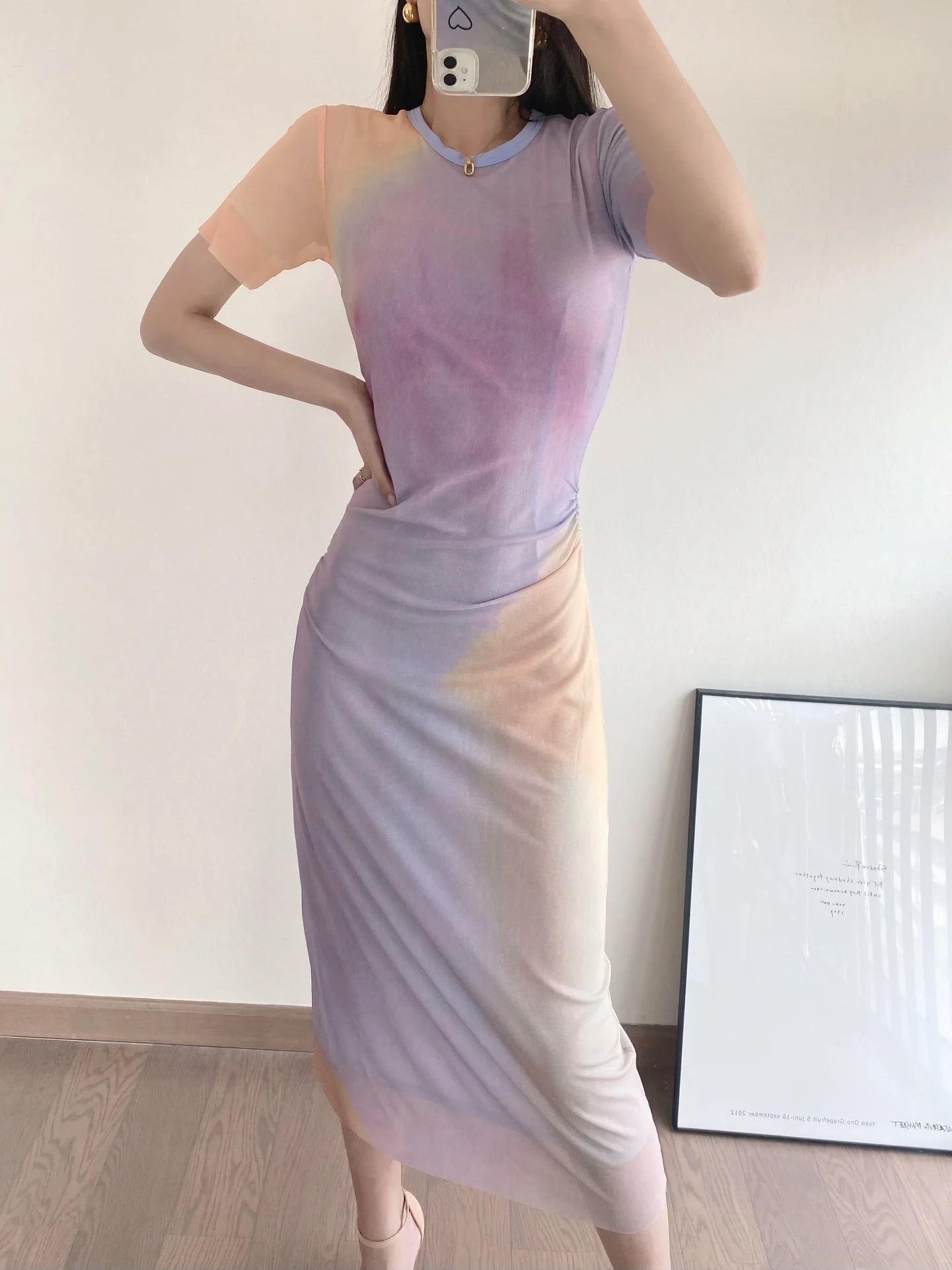 

2023 spring and summer women's clothing fashion new Double-Layer Mesh Cloth Printing Pleated Dress 0621