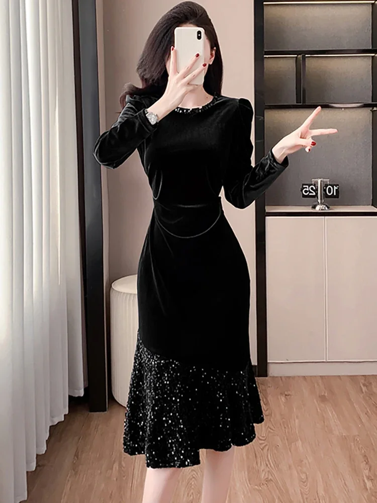 2024 черное бархатное лоскутное платье русалки с блестками и рюшами женское