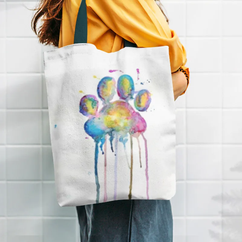 

Dogs Paws Shoulder Bag Handbags Tote Shopping Bags Women Canvas 3D Printing Love Casual Kawaii Female Eco-Friendly New Arrival