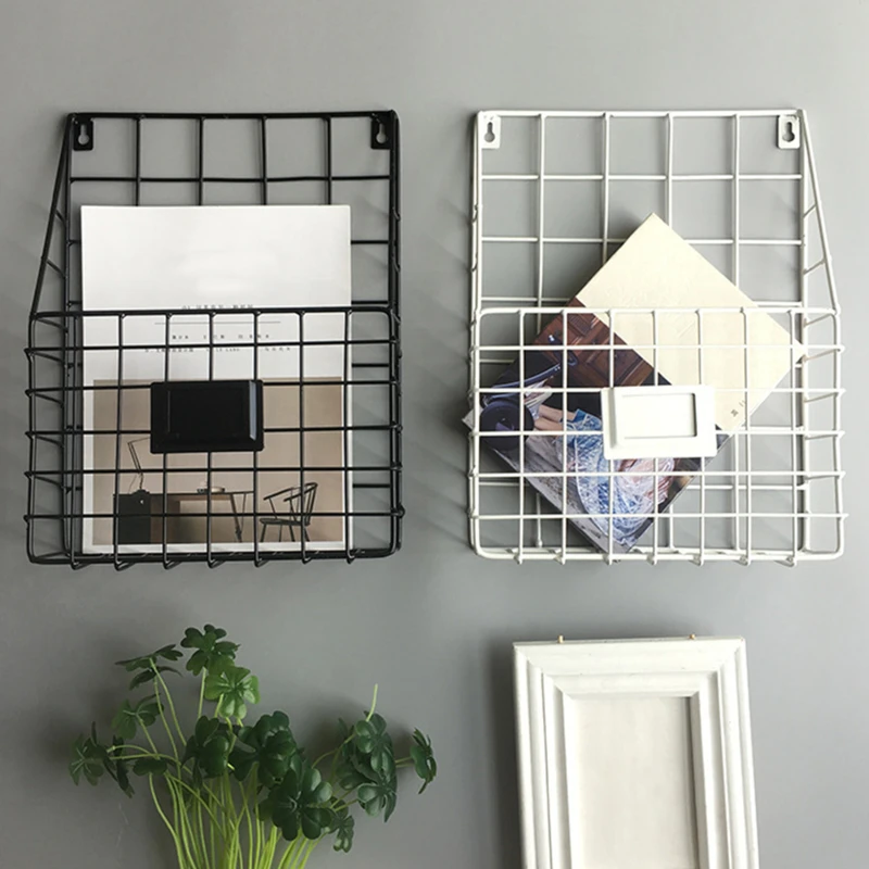 

Metal Decorative Storage Basket Wall-mounted Grid Hanging Rack Newspaper Magazine File Iron Storage Basket Office Home Decoratio