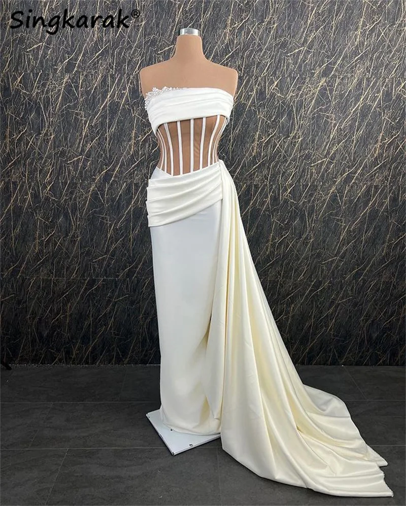 

White Court Train Evening Dress 2022 Fishbone Beads Pearls Wedding Party Gowns Formal Occasion Wear Robes De Soirée